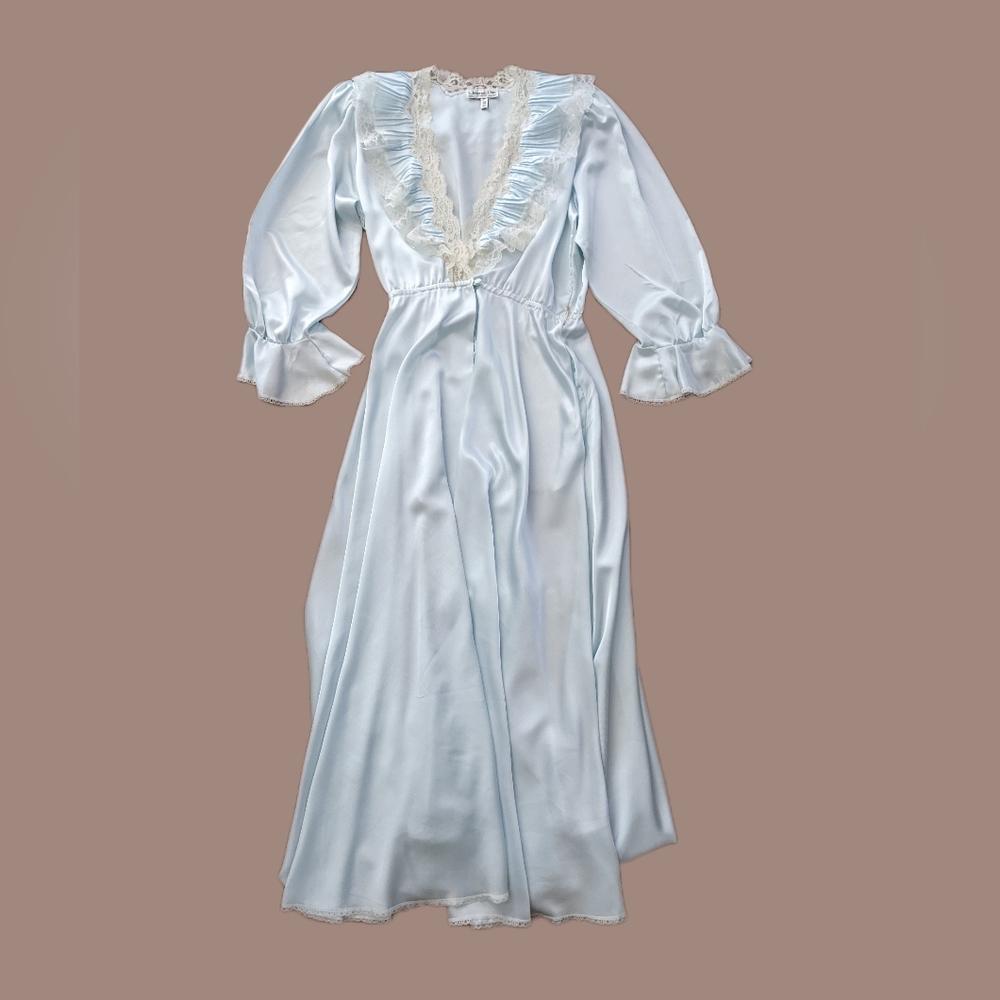 Dior Light Blue Satin Robe with Lace Trim